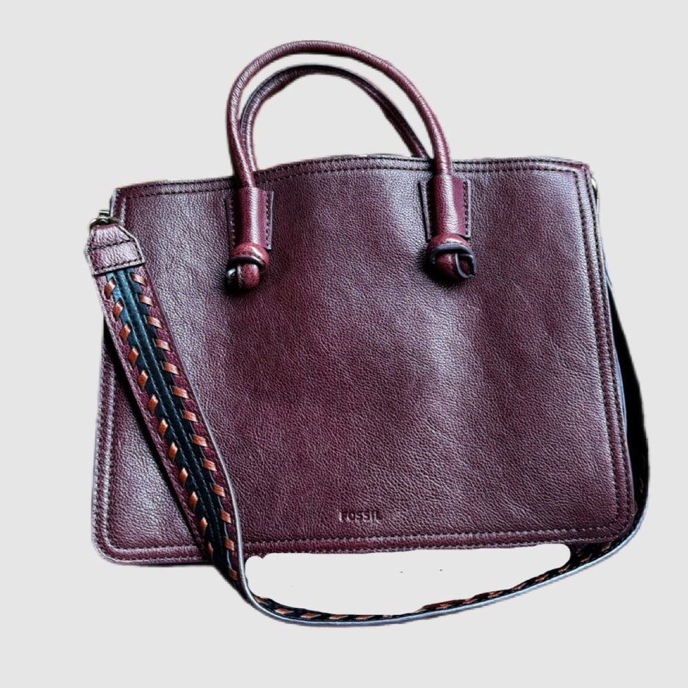 Fossil Burgundy Leather Tote with Woven Strap
